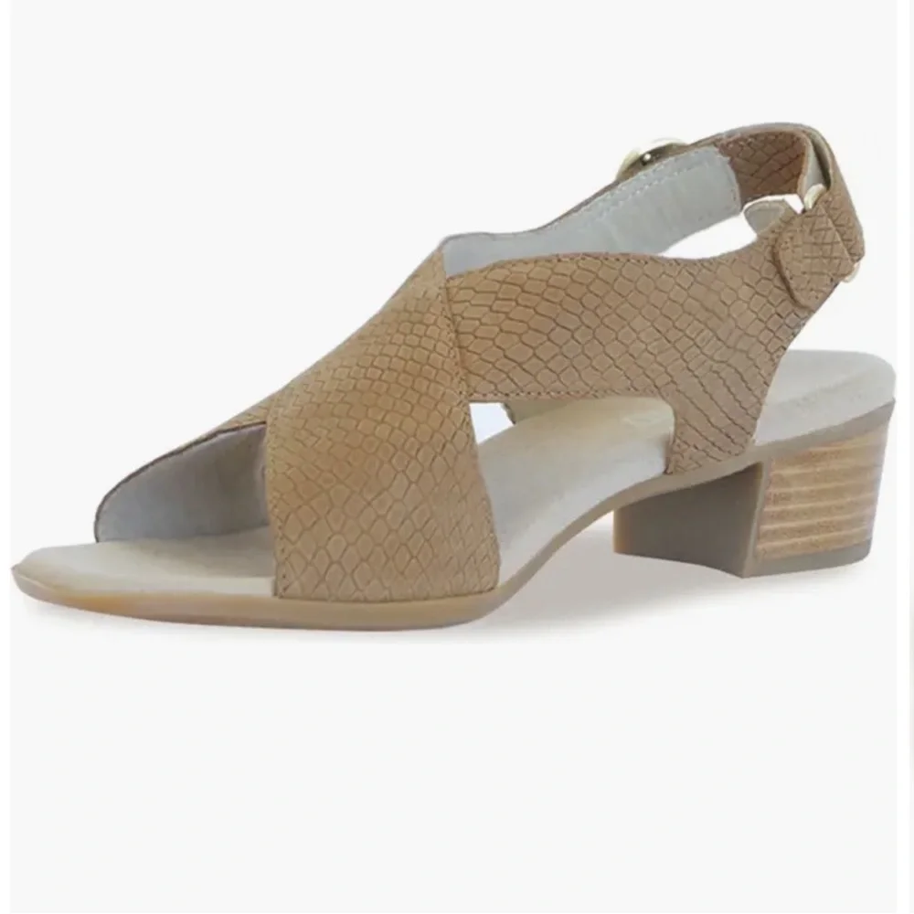 Munro Jenny Sandal Block Heel Square Toe Tan Lizard Nubuck Suede Like New​